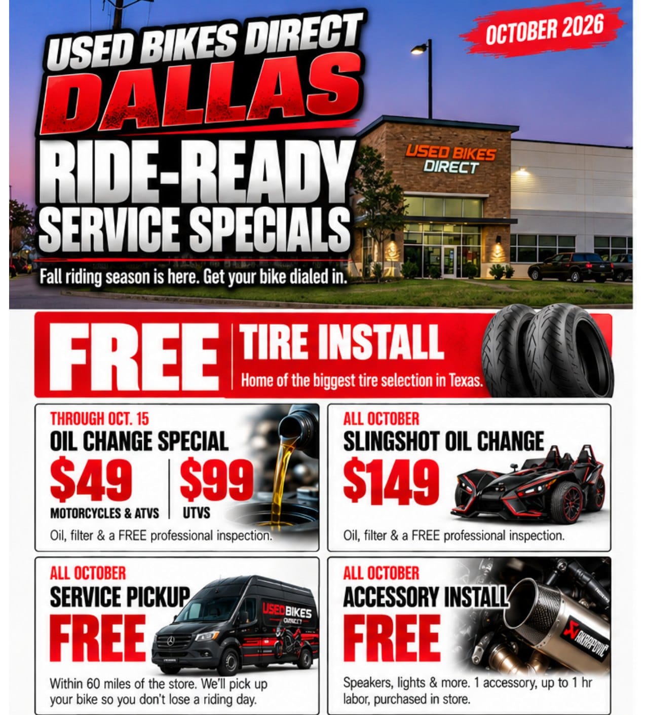 Used Bikes Direct Dallas October 2026 Ride-Ready Service Specials flyer