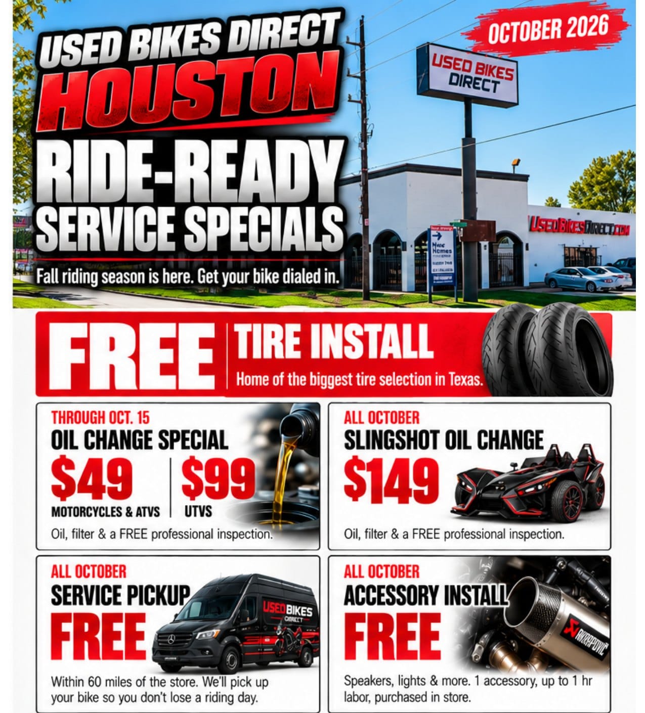 Used Bikes Direct Houston October 2026 Ride-Ready Service Specials flyer